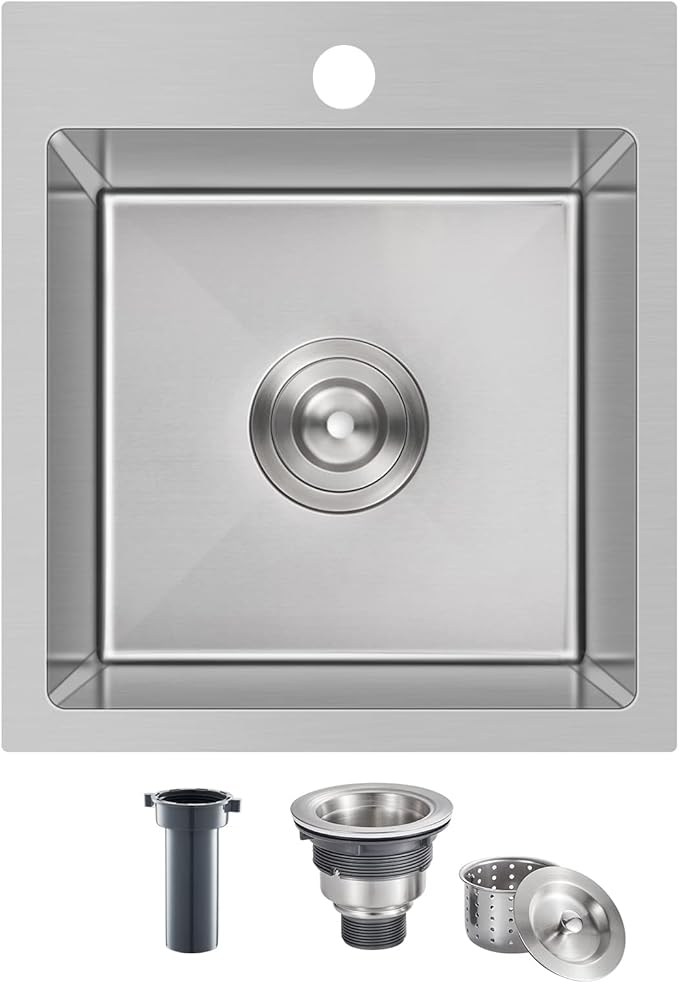 15x17 inch Bar Sink Drop in, Handmade 304 Stainless Steel Sink, 8" Deep Single Bowl, R10 Tight Radius, Topmount Installation, for Small Kitchen/RV/Bar Sink, Brushed