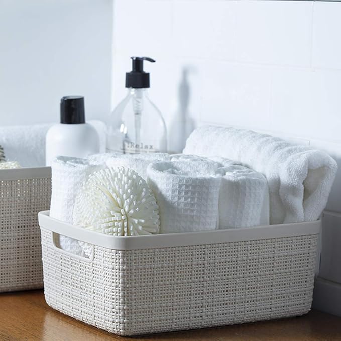Curver Set of 8 Jute Small Decorative Plastic Organization and Storage Baskets, Perfect Bins for Home Office, Closet Shelves, Kitchen Pantry and All Bedroom Essentials