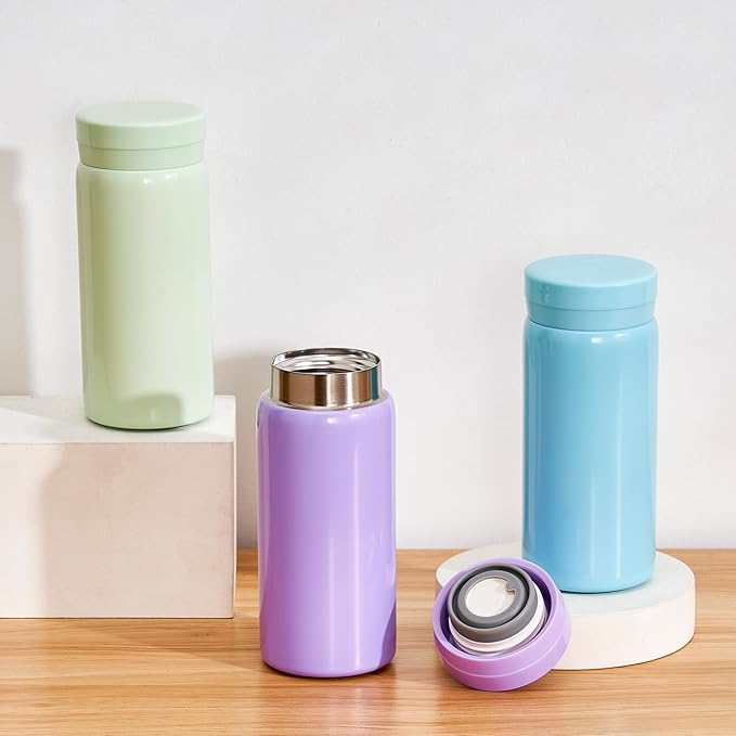 Mini Thermos Cute Water Bottle - 7 oz Tiny Insulated Vacuum 18/10 Stainless Steel Small Flask - Leak Proof & Spill Proof & Keeps Cold and Hot for Drink, Coffee, Tea - Purple