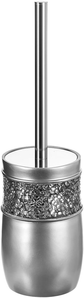 Crackled Glass Toilet Brush with Holder - Silver Toilet Bowl Cleaner Brush and Holder - Good Grip, Deep Cleaning, Decorative Design Compact Toilet Bowl Scrubber