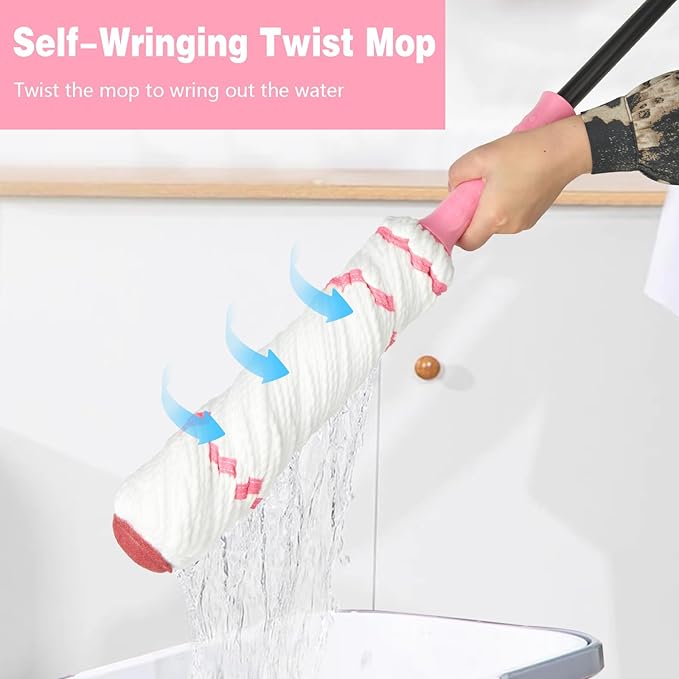 Self-Wringing Twist Mop for Floor Cleaning, 57” Long Handle Heavy Duty Microfiber Mop for Wet Mopping on Tile, Hardwood, Kitchen, Bathroom, Patio, Garage, Commercial Household Clean (Pink)