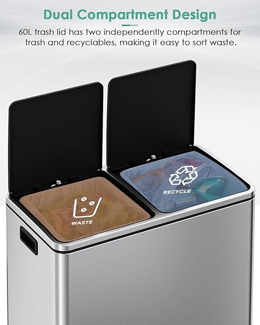 AthLike 60L(16 Gal) Dual Trash Can, Stainless Steel Kitchen Garbage Can, Double Compartment Classified Rubbish Bin, Recycle Dustbin w/Plastic Inner Buckets, Soft-Close Lid, Airtight, Silver