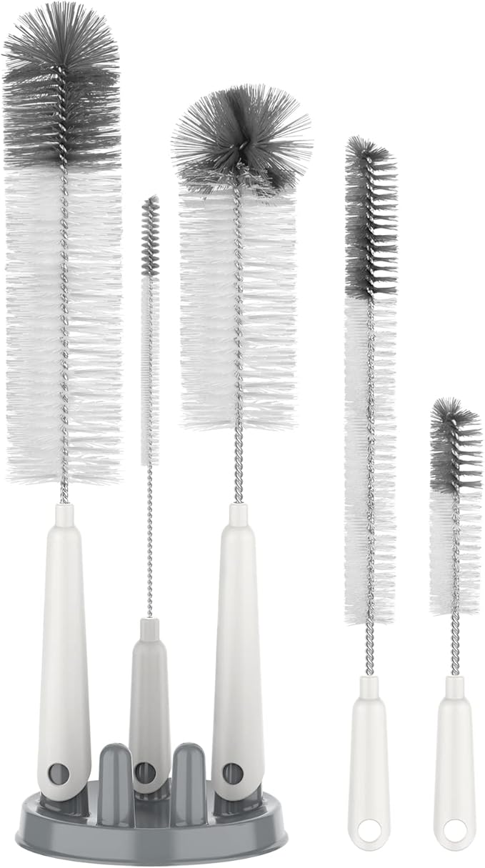 MR.SIGA 5 Pack Bottle Brush Cleaning Set with Storage Holder, Cleaning Brushes for Long Narrow Neck Bottles, Water Bottles, Baby Bottles, Tumblers, Drinking Glasses, Strews
