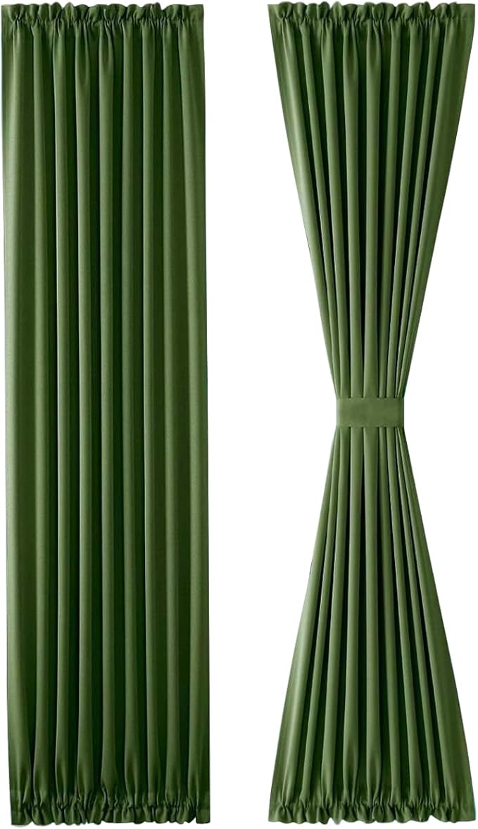 DWCN French Door Curtains – Rod Pocket Thermal Blackout Curtain for Doors with Glass Window, Kitchen and Patio Doors for Privacy, 25 X 72 Inches Long, 1 Curtain Panel with Tieback, Olive Green