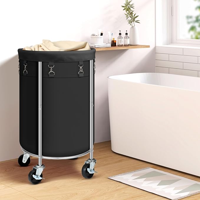 Laundry Hamper with Wheels, 100L Round Rolling Laundry Basket Sorter with Removable Bag, Clothes Cart Organizer with Steel Frame for Bedroom, Bathroom, Laundry Room, Black