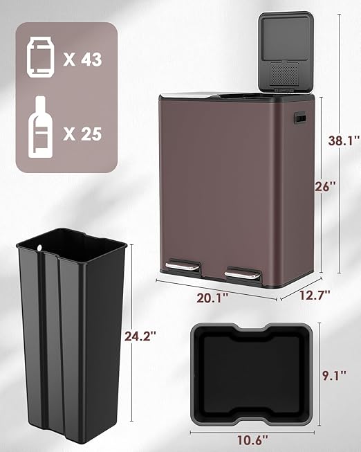 Arlopu 16Gal Dual Trash Can w/2 Built-in Box for Odor Control, Hands-Free Kitchen Garbage Bin, Recycle Waste Dustbin, Soft-Close Lid, 2 Buckets,Foot Pedal, Side Handle, Airtight,for Home Office