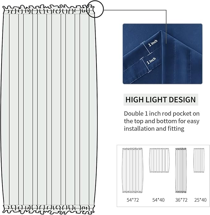 DWCN French Door Curtains – Rod Pocket Thermal Blackout Curtain for Doors with Glass Window, Kitchen and Patio Doors for Privacy, 36 X 72 Inches Long, 1 Curtain Panel with Tieback, Classic Blue