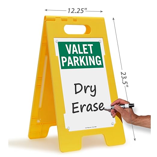 SmartSign 25 x 12 inch Dry Erase “Valet Parking” Two-Sided Write-On Standing Floor Sign, White-Board Finish, Polypropylene Plastic, Yellow, Green and White, Made in USA