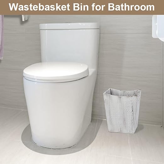 SEHERTIWY Wood Trash Can, Farmhouse Wastebasket Bin for Bathroom, Office, Bedroom, Living Room, Small Square Rustic Garbage Container (Wood-White)
