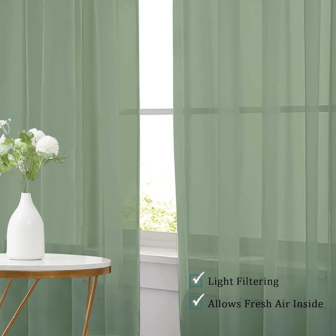 Chyhomenyc Living Room Sheer Curtains 96 Length 2 Panels Set for French Door, Gorgeous Window Decoration for Wedding & Party & Backdrop & Canopy, Sage Green, Each 42Wx96L in, 8 Feet