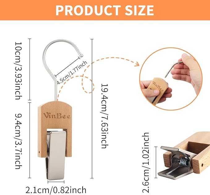VinBee 6 PCS Hooks with Clips for Hanging,Wooden Laundry Hooks Hanging Clips Hook,Clothes Pins with Hook,Wooden Closet Organizer Clamps Clothes Clip Laundry Clip with Hook for Pants Hats Socks Gloves