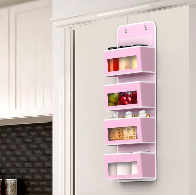 Simple Houseware 4 Clear Window Pocket Over Closet Door Storage Hanging Organizer for Bedroom, Bathroom, Pantry, Pink