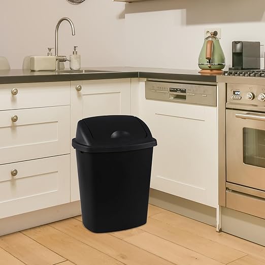 Teyyvn 6 Gallon Plastic Flip Lid Trash Can for Kitchen, Black Plastic Garbage Bin with Swing Lid, Pack of 4
