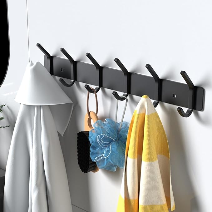 VAEHOLD Wall Hooks Coat Hooks Wall Mounted, Coat Rack with 6 Double Hooks for Hanging Towel Hat Coat Robe Bag Key for Bathroom Kitchen Bedroom 2 Pack
