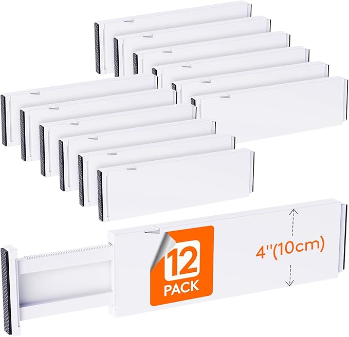 Lifewit 12 Pack Drawer Dividers Plastic 4" High, 13.5-22" Adjustable Drawer Organizers for Clothes, Expandable Dresser Separators in Bedroom/Bathroom/Kitchen/Fridge/Office Organization and Storage