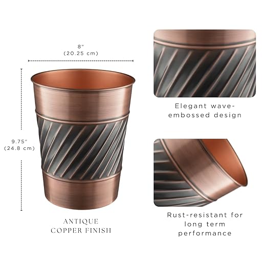 Monarch Abode Metal Wastebasket Trash Can, Handcrafted, Wave Embossed, Bathroom Decor, Antique Copper Finish