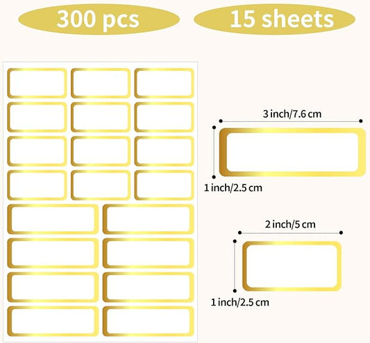 Gold Labels Stickers, Removable Blank Labels Gold Border, Self-Adhesive Rectangular Stickers Water/Oil/Tear Resistant for Storage, Classroom, Home (2 Size, 300 Sheet)