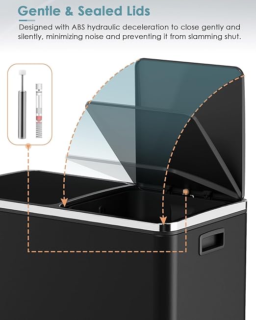 AthLike 60L(16 Gal) Dual Trash Can, Stainless Steel Kitchen Garbage Can, Double Compartment Classified Rubbish Bin, Recycle Dustbin w/Plastic Inner Buckets, Soft-Close Lid, Airtight, Black