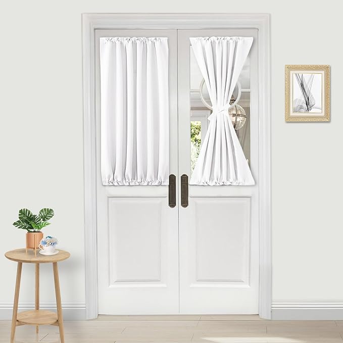 DWCN French Door Curtains – Rod Pocket Thermal Curtain for Doors with Glass Window, Kitchen and Patio Doors for Privacy, 25 X 40 Inches Long, 1 Curtain Panel with Tieback, Pure White