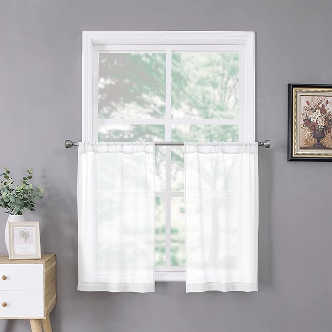 Tollpiz Short Sheer Tier Curtains Linen Textured Half Kitchen Curtain Sheers Light Filtering Rod Pocket Voile Small Curtain for Bathroom, 25 x 24 inches Long, White, Set of 2 Panels