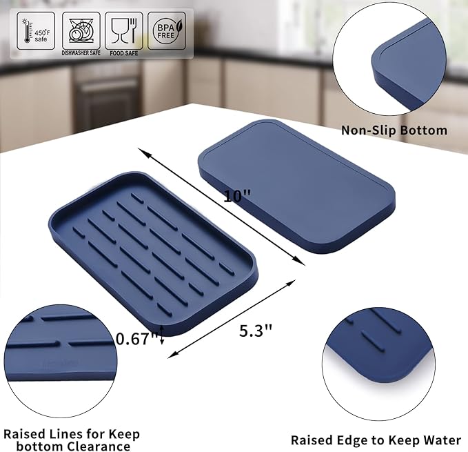 Silicone Kitchen Sink Organizer Tray for Multiple Usage,Eco-Friendly Sponges Holder for Kitchen Bathroom Counter or Sink,Dish Soap Dispenser,Scrubber,Bottle,Cup (Navy Blue, 10"×5.3")