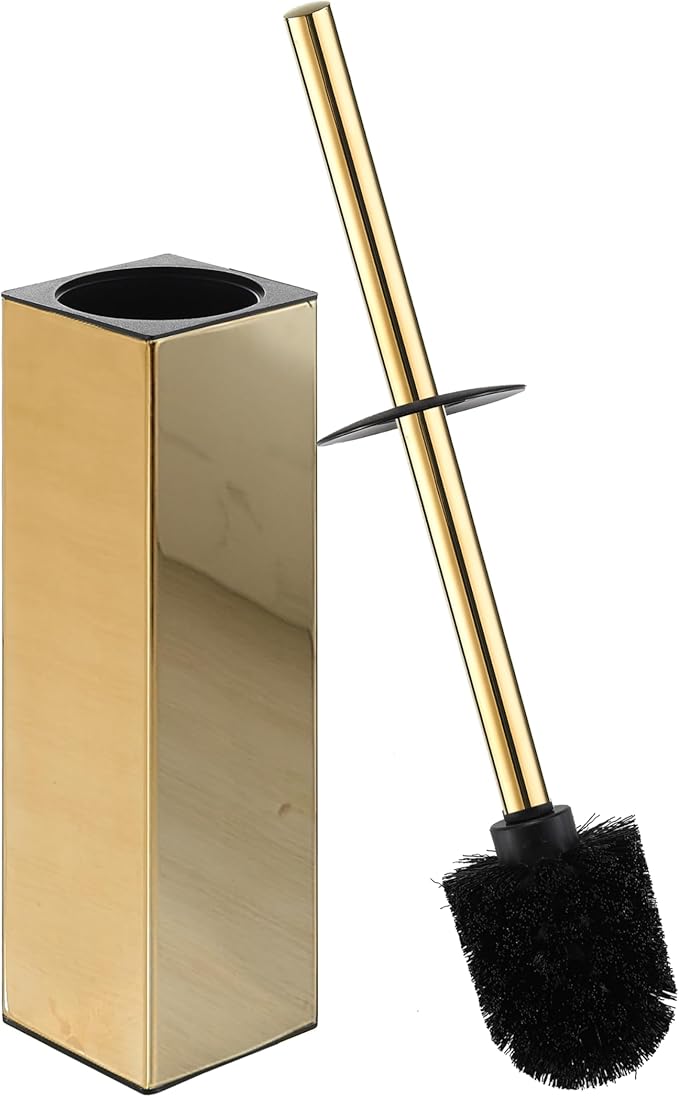 BGL Square Toilet Brush with Holder,Stainless Steel Rubber Painted Toilet Bowl Brush and Holder for Bathroom,2 Cleaner Brush Heads,Gold