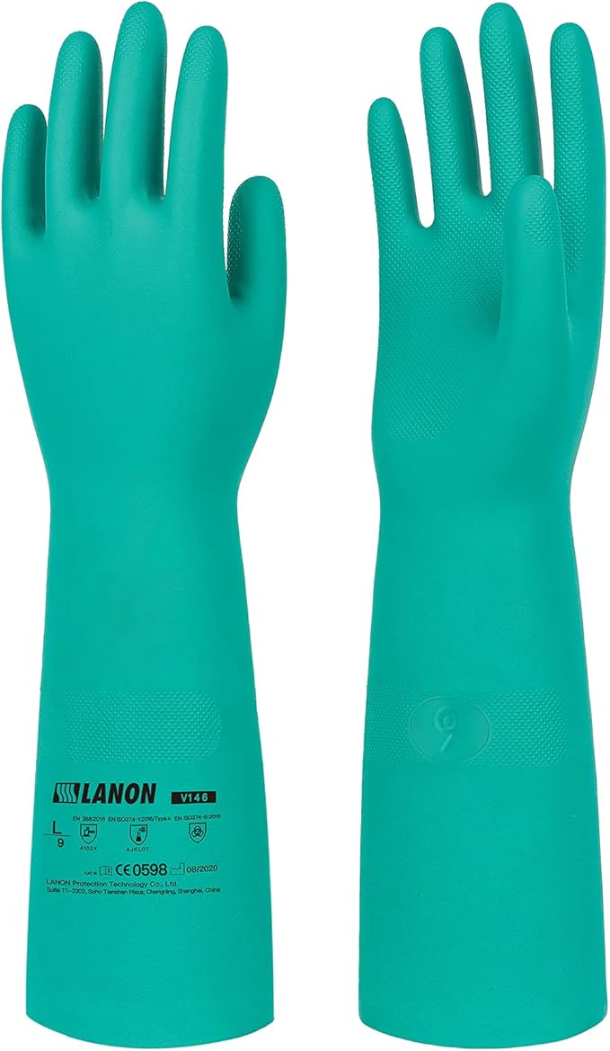 LANON Nitrile Chemical Resistant Gloves, Reusable Heavy Duty Safety Work Gloves, Acid, Alkali and Oil Protection, 18" Length, Non-Slip, XL