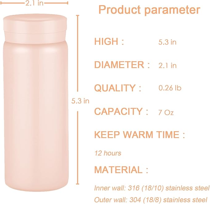 Mini Thermos Cute Water Bottle - 7 oz Tiny Insulated Vacuum 18/10 Stainless Steel Small Flask - Leak Proof & Spill Proof & Keeps Cold and Hot for Drink, Coffee, Tea - Pink