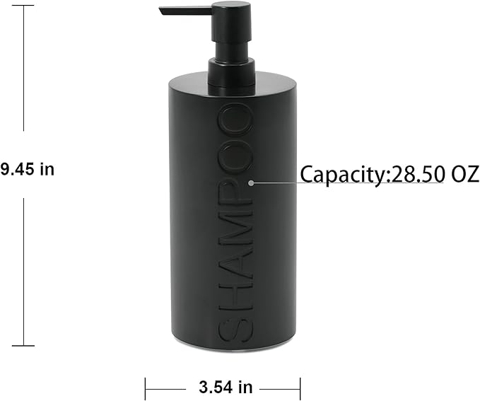 Matte Black Shampoo Dispenser Modern Refillable Pump Bottle with Embossed Text, Durable Resin Construction for Bathroom and Kitchen