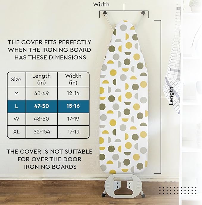 Encasa XO Ironing Board Cover and Pad 54"x15" - Thick 3mm Felt Padding, Drawstring Tightening & Lock, Easy Fit, Scorch & Stain Resistant, Fits Standard Large Ironing Board - Green Leaflet