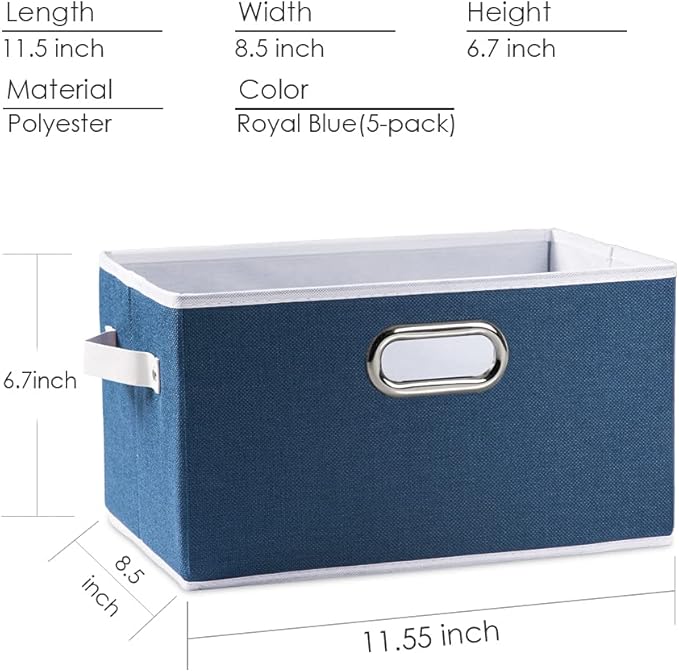 PRANDOM Fodable Storage Baskets for Closet [5-pack] Decorative Fabric Storage Bins Cubes with Leather/Metal Handles for Shelves Bedroom Living Room Royal Blue (11.5x8.5x6.7 Inch)