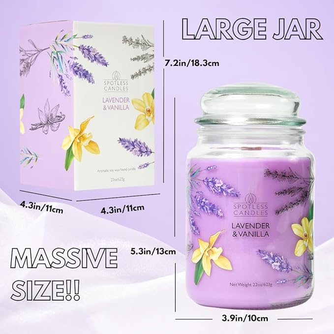 Vanilla & Lavender Candle 22oz Glass Jar with Wooden Wick in a Decorated Jar Within a Presentation Gift Box and Protective Shipping Box