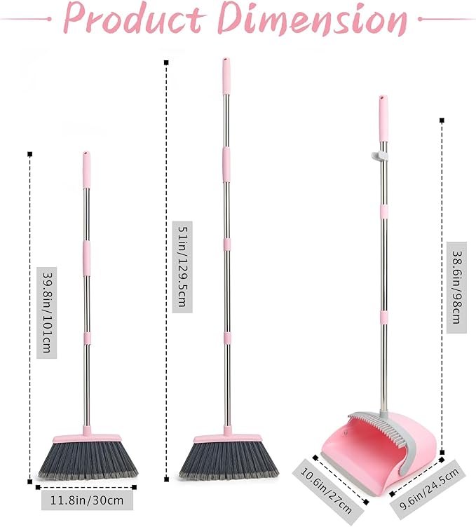 Broom and Dustpan Combo Set, Long Handle and Standing Dust Pan with Comb Teeth, Efficient Floor Cleaning for Kitchen, Outdoor, Dorm, Apartment, Office Lobby (Pink Gray)