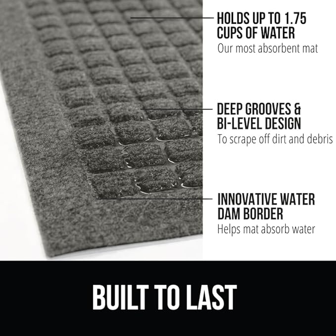 GORILLA GRIP Front Door Mat, Indoor Outdoor Ultra Absorbent HydroAbsorb Doormat, Absorbs Up to 1.7 Cups of Water, Stain and Fade Resistant, Rubber Backing Doormats, Captures Dirt, 29x17 Gray