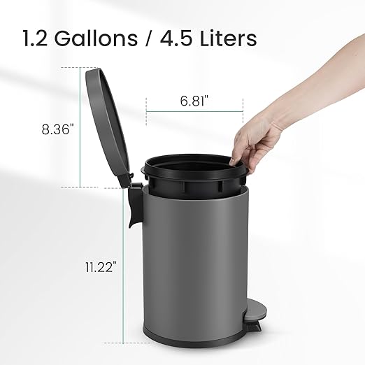 Cesun 1.2 Gallons Small Gray Trash Can, Bathroom Garbage Can with Lid and Foot Pedal, Mini Round Wastebasket for Bathroom, Bedroom, Office, 4.5 Liters / 1.2 Gallons, Gray