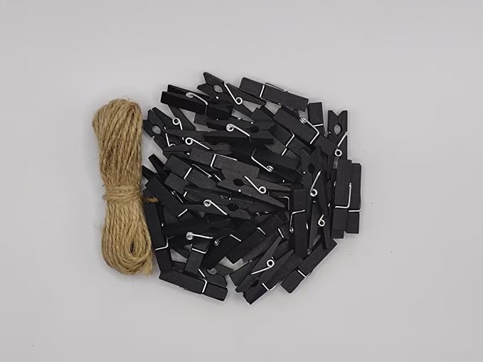 DurReus Wood Clothespins to Hang Photos School Projects 1.5 Inch Clothes Clips with Jute Twine Black Pack 50
