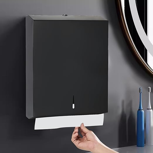Paper Towel Dispenser Wall Mount, Matte Black Stainless Steel Commercial Paper Towel Holder with Lock, Large Capacity 400 C Fold/525 Multifold Towels
