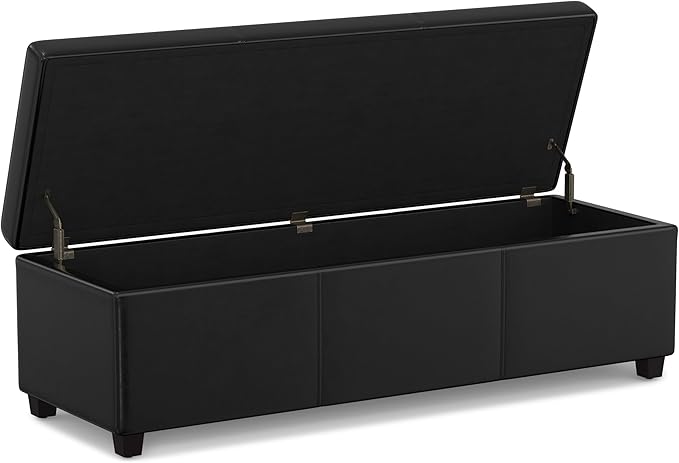 SIMPLIHOME Avalon 54 inch Wide Contemporary Rectangle Extra Large Storage Ottoman Bench in Midnight Black Vegan Faux Leather, Assembled, For the Living Room, Entryway and Family Room