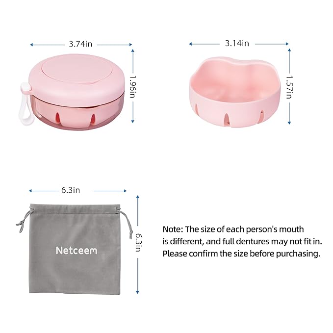 Leak Proof Denture Cup Kit Portable Retainer Case Perfect for Travel, Denture Case Container Cleaning Care for Dentures Aligner Mouth Guard with Denture Brush,Strainer, Removal Tool and Mirror