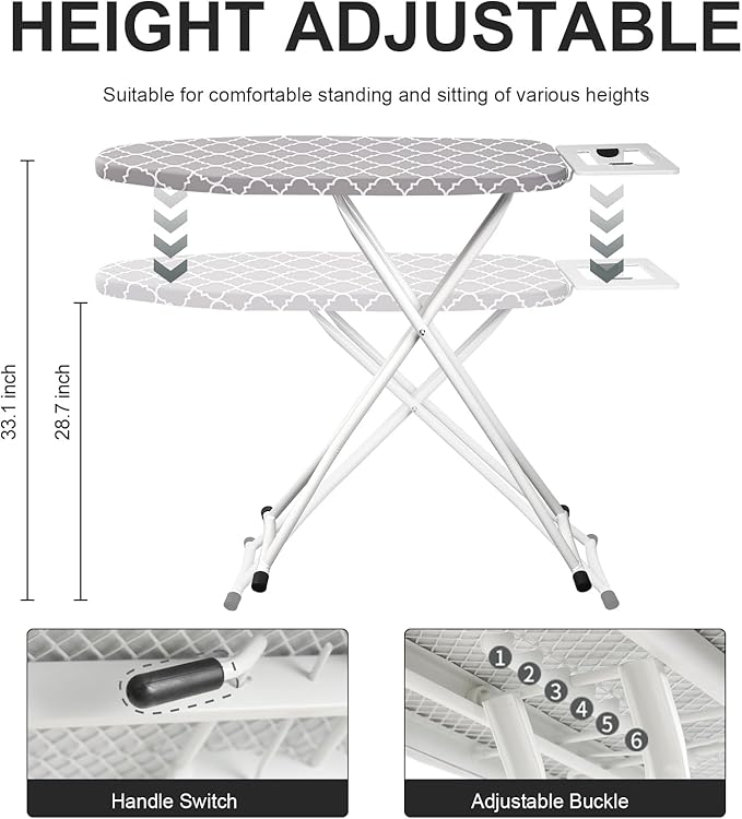 Ironing Board,Foldable Ironing Board Adjustable Height Compact Iron Board Thick Steel Tube Iron Board with Holder,Replacing Cloth Cover and Mini Handheld Gloves (Grey Texture)