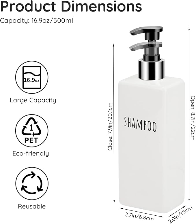 Segbeauty Square Soap Dispenser Refillable, 3pcs 16.9oz Plastic Pump Bottles, 500ml Empty Reusable Modern Bathroom Kitchen Liquid Container Set for Dispensing Shampoo Conditioner Body Soap White