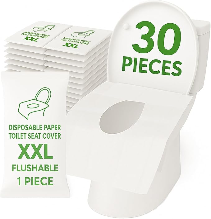 Individually Wrapped XXL Toilet Seat Covers Disposable Flushable for Travel (30 Pack), Full Coverage Paper Liners for Kids & Adults