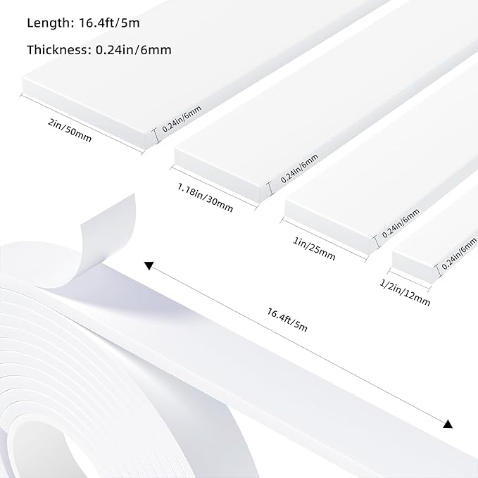 Weather Stripping Door Seal White,1/2Inch Wide X 1/4 Inch Thick,Air Conditioner Window Seal,Self Adhesive Foam Tape High Density Foam Sealing Strip,Soundproof Foam Tape Roll,2 Rolls Total 32.8Ft