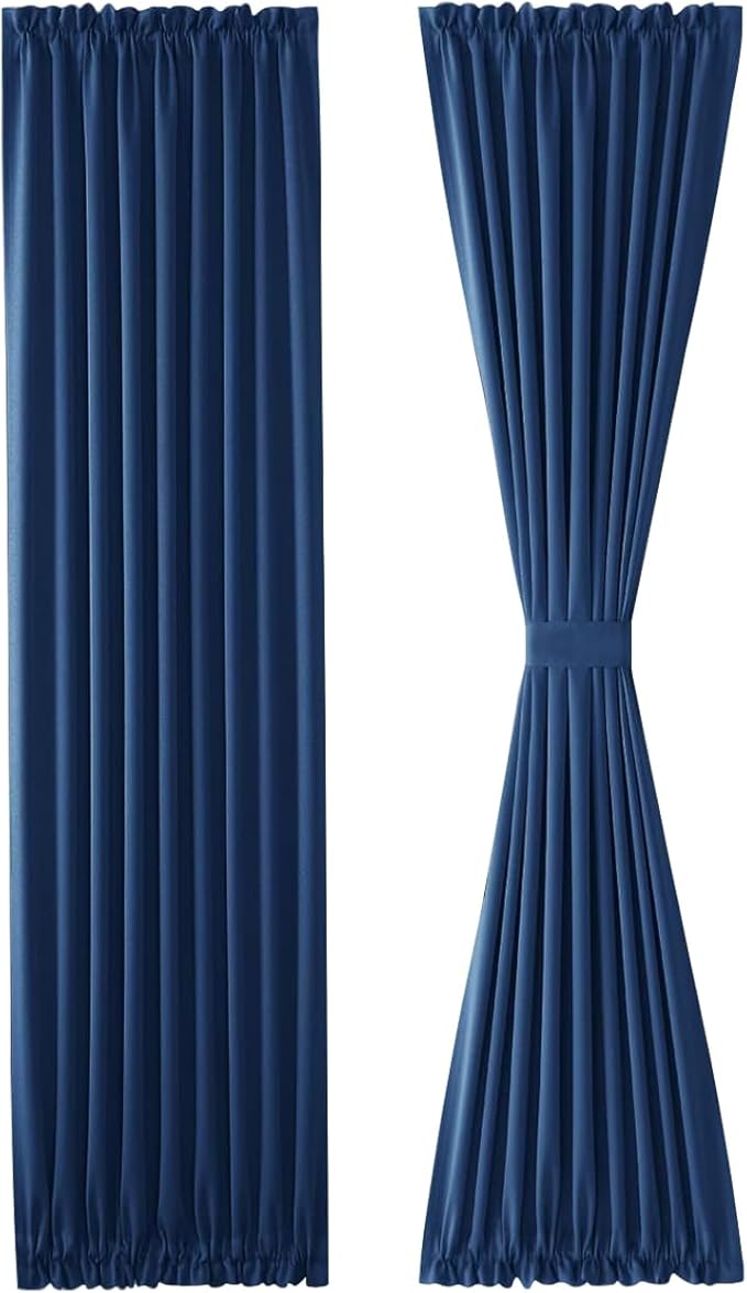 DWCN French Door Curtains – Rod Pocket Thermal Blackout Curtain for Doors with Glass Window, Kitchen and Patio Doors for Privacy, 36 X 72 Inches Long, 1 Curtain Panel with Tieback, Classic Blue