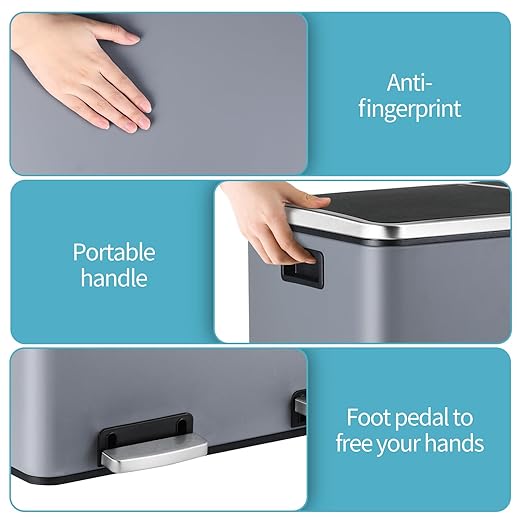 16 Gallon Rectangular Stainless Steel Trash Can, Dual Compartment Garbage Bin with Recycling Combo, Metal Dustbin Lid, Removable Liner, Indoor Hands Free Waste Bucket for Kitchen Home