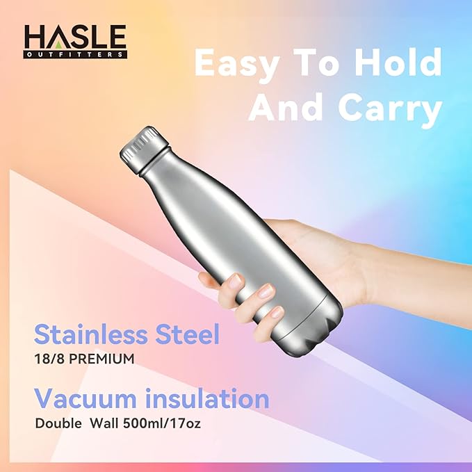 HASLE OUTFITTERS 17oz Stainless Steel Water Bottles Bulk, Vacuum Insulated Water Bottles Double Walled Reusable Metal Sports Water Bottles Keep Drinks Hot and Cold, Stainless, 4Packs