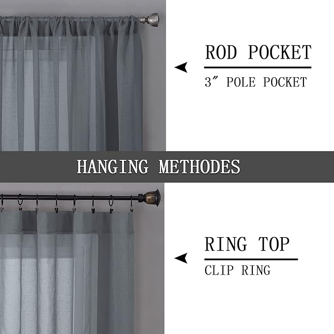 Tollpiz Sheer Curtains Bedroom Linen Textured Curtain Sheers Light Filtering Voile Rod Pocket Curtains for Living Room, 38 x 84 inches Long, Dark Grey, Set of 2 Panels