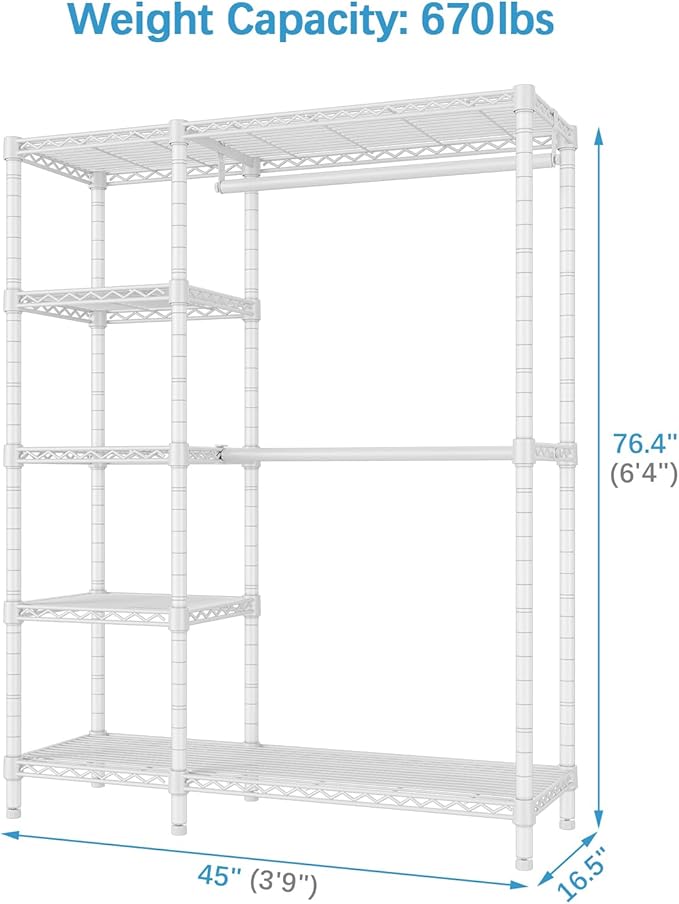 VIPEK V7 Garment Racks for Hanging Clothes Heavy Duty Clothes Rack with Shelves, Portable Closet Rack Metal Clothing Racks 5 Tiers Freestanding Closet Wardrobe System, Max Load 670lbs, White