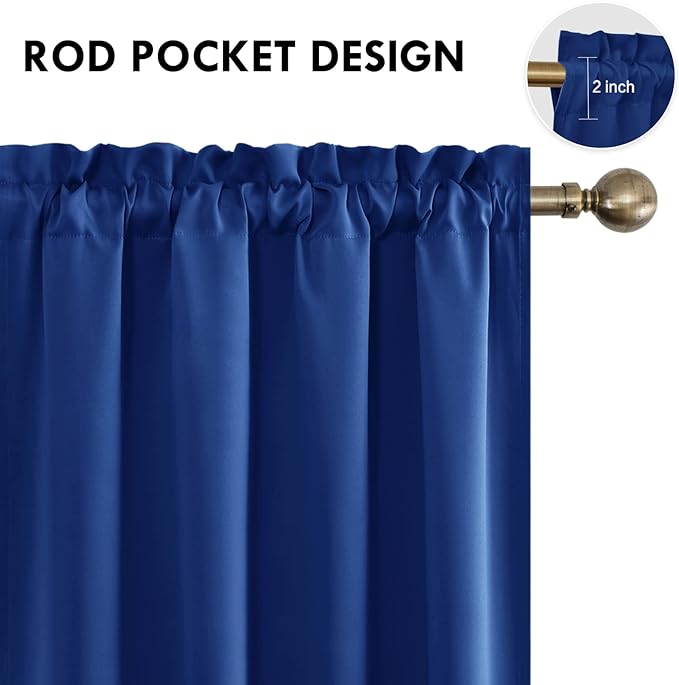 DWCN Blackout Curtains Room Darkening Thermal Insulated Bedroom Curtains Window Curtain Panels, 52 x 45 inches Long, Set of 2 Classic Blue Rod Pocket Drapes
