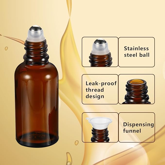20ML Roller Bottles for Essential Oil, 4 Pack Empty Amber Glass Roller Bottle for Perfume Oil, Roll on Bottles with Stainless Steel Roller Balls, Opener, Funnel and Dropper